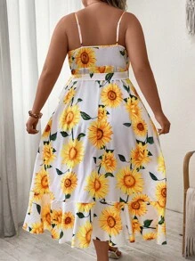 SHEIN Holidaya Plus Sunflower Print Ruffle Trim Wrap Knot Side Cami Dress - White - View 5