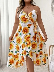 SHEIN Holidaya Plus Sunflower Print Ruffle Trim Wrap Knot Side Cami Dress - White - View 3
