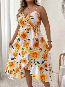 SHEIN Holidaya Plus Sunflower Print Ruffle Trim Wrap Knot Side Cami Dress - White - View 7