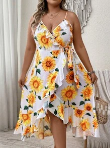 SHEIN Holidaya Plus Sunflower Print Ruffle Trim Wrap Knot Side Cami Dress - White - View 2