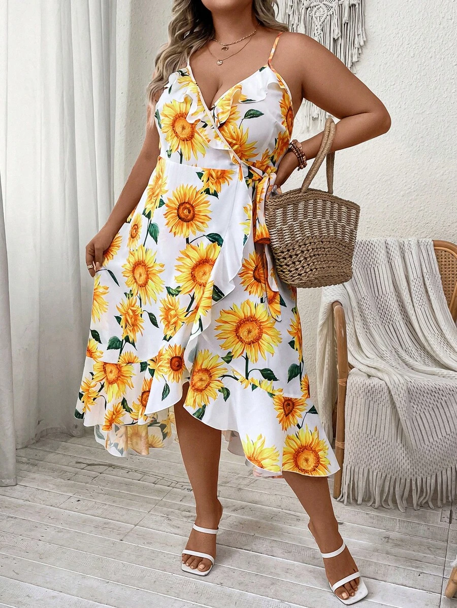 SHEIN Holidaya Plus Sunflower Print Ruffle Trim Wrap Knot Side Cami Dress - White - View 1