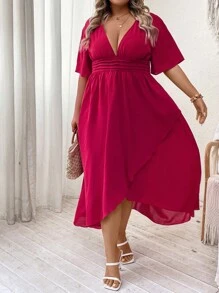 SHEIN Clasi 大碼深V領抽褶腰圍裹連衣裙 - 酒紅色 - 查看 2