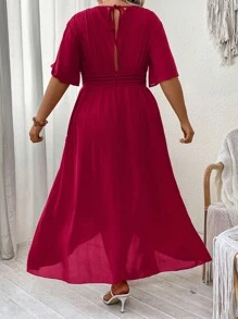 SHEIN Clasi 大碼深V領抽褶腰圍裹連衣裙 - 酒紅色 - 查看 3