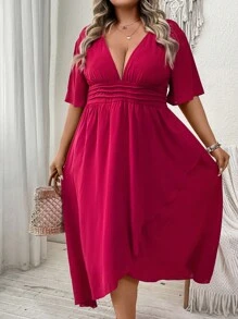 SHEIN Clasi 大碼深V領抽褶腰圍裹連衣裙 - 酒紅色 - 查看 5