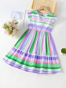 SHEIN Tween Girl Striped Ruffle Trim Dress - Multicolor - View 1