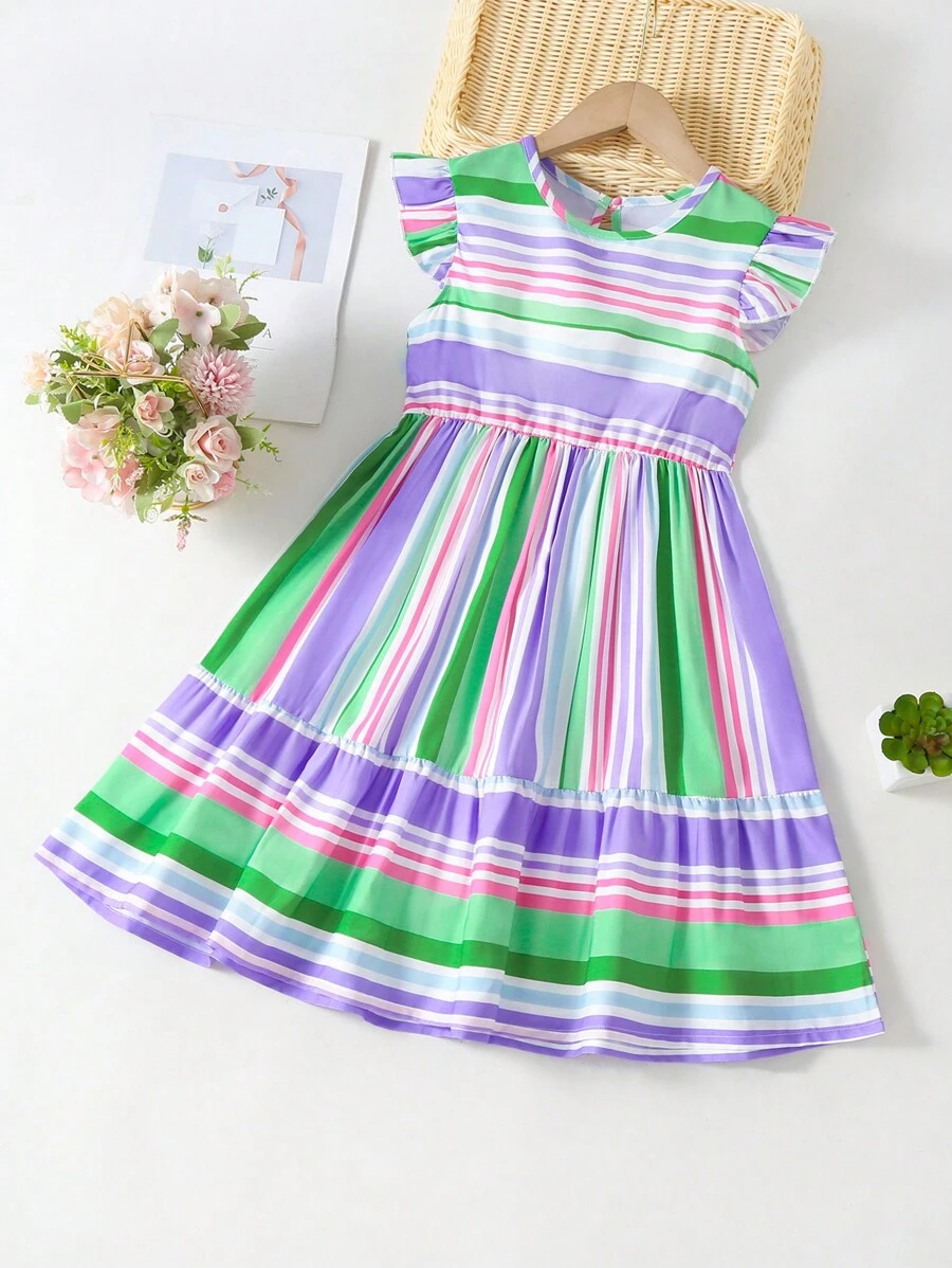 SHEIN Tween Girl Striped Ruffle Trim Dress - Multicolor - View 1