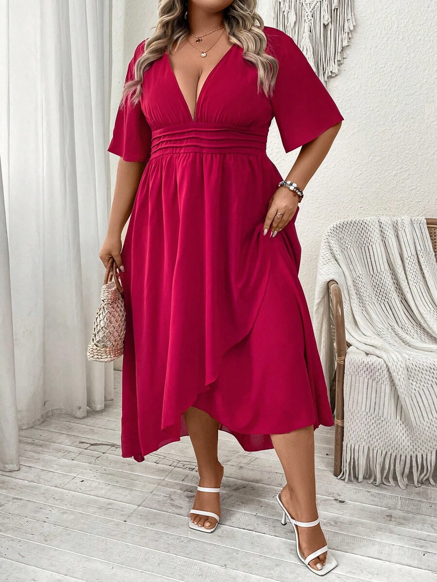 SHEIN Clasi 大碼深V領抽褶腰圍裹連衣裙 - 酒紅色 - 查看 1