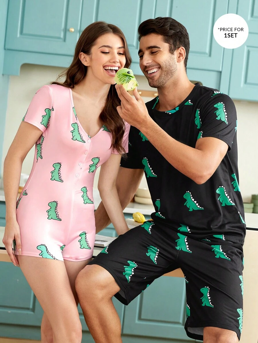 Men 1pc Cartoon Dinosaur Print Tee & 1pc Shorts PJ Set - Black - View 1