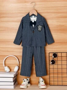 SHEIN Baby Boy Pinstriped Print Blazer & Bow Front Tee & Pants
