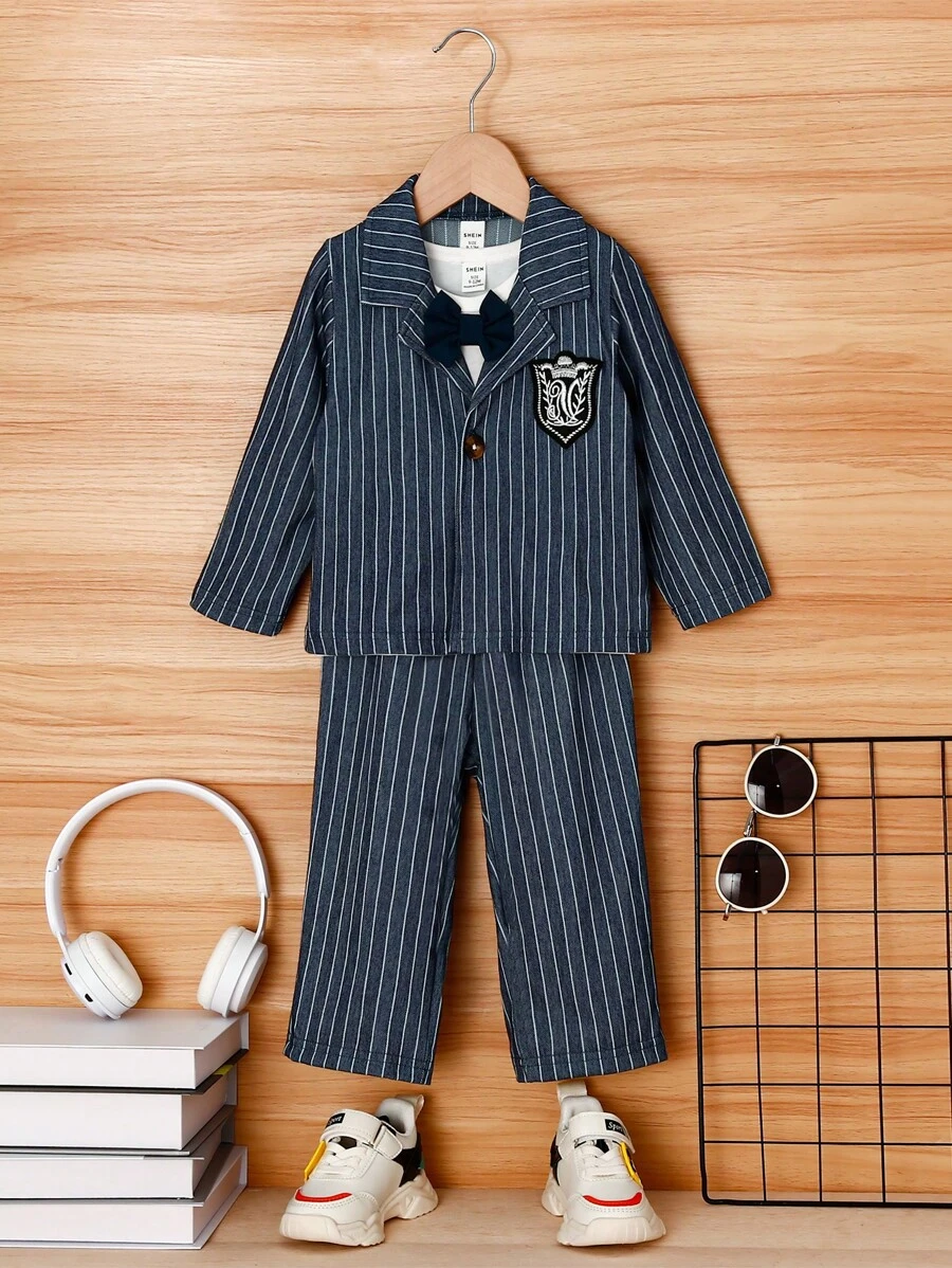 SHEIN Baby Boy Pinstriped Print Blazer & Bow Front Tee & Pants