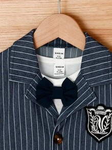 SHEIN Baby Boy Pinstriped Print Blazer & Bow Front Tee & Pants