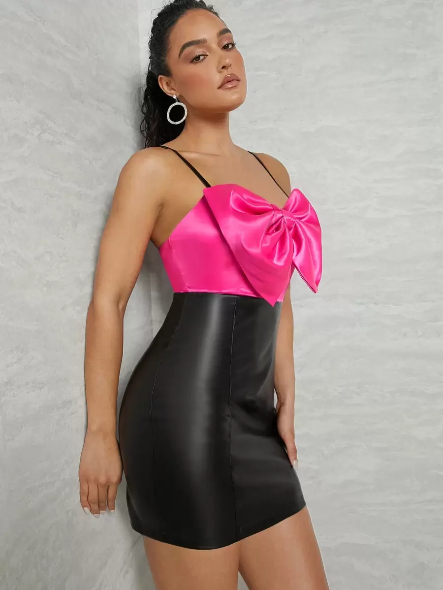 SHEIN Unity Satin Big Bow PU Leather Cami Dress - Multicolor - View 1