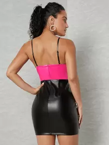 SHEIN Unity Satin Big Bow PU Leather Cami Dress - Multicolor - View 2