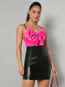 SHEIN Unity Satin Big Bow PU Leather Cami Dress - Multicolor - View 4