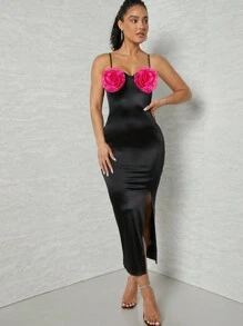 SHEIN Unity Flower Appliques Split Thigh Dress - Black - View 1