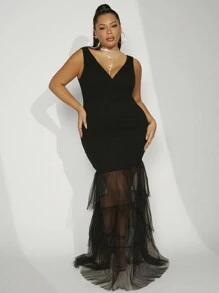SHEIN Unity Vestido de sirena con volantes en multicapas para tallas grandes - Negro - Ver 4