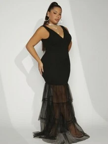 SHEIN Unity Vestido de sirena con volantes en multicapas para tallas grandes - Negro - Ver 5