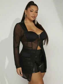 Hauture Plus Zip Up Contrast Sheer Mesh Split Front Top - Black - View 5