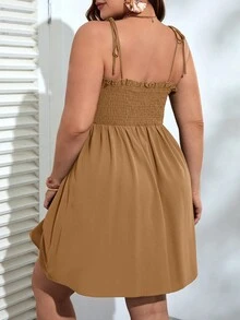 Dreamara 大碼前紐扣吊帶連衣裙 - 卡其色 - 查看 2