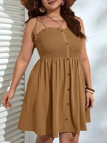 Dreamara 大碼前紐扣吊帶連衣裙 - 卡其色 - 查看 3