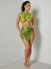 Hauture Sequin Wrap Crop Tank Top - Lime Green - View 4