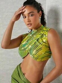 Hauture Sequin Wrap Crop Tank Top - Lime Green - View 5