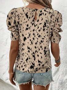 SHEIN Clasi 滿版印花泡泡袖襯衫 - 卡其色 - 查看 2