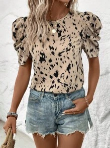 SHEIN Clasi 滿版印花泡泡袖襯衫 - 卡其色 - 查看 3