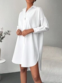 EURMUSE Vestido camisero con botón delantero de hombros caídos sin top tubo - Blanco - Ver 6