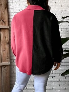 SHEIN LUNE Plus Two Tone Drop Shoulder Pocket Patched Shirt - Multicolor - View 2