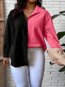 SHEIN LUNE Plus Two Tone Drop Shoulder Pocket Patched Shirt - Multicolor - View 3