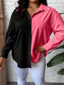 SHEIN LUNE Plus Two Tone Drop Shoulder Pocket Patched Shirt - Multicolor - View 4