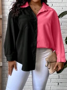SHEIN LUNE Plus Two Tone Drop Shoulder Pocket Patched Shirt - Multicolor - View 5
