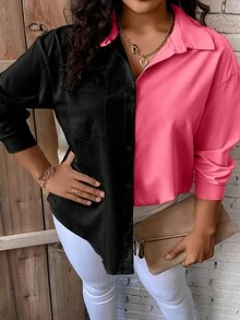 SHEIN LUNE Plus Two Tone Drop Shoulder Pocket Patched Shirt - Multicolor - View 6