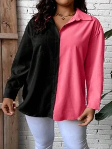 SHEIN LUNE Plus Two Tone Drop Shoulder Pocket Patched Shirt - Multicolor - View 7