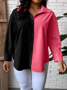 SHEIN LUNE Plus Two Tone Drop Shoulder Pocket Patched Shirt - Multicolor - View 8