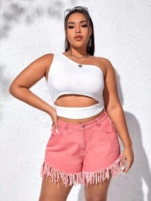 SHEIN EZwear 大碼高腰流蘇邊牛仔短褲 - 粉色 - 查看 2