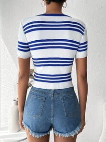 條紋印花大圓領T恤 - 藍白色 - 查看 2