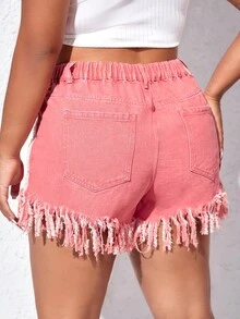 SHEIN EZwear 大碼高腰流蘇邊牛仔短褲 - 粉色 - 查看 4