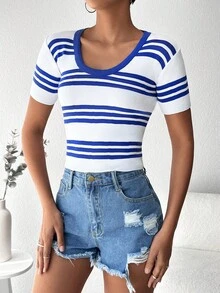 條紋印花大圓領T恤 - 藍白色 - 查看 4