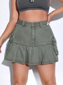 SHEIN ICON 大碼百褶下擺牛仔半身裙不附腰帶 - 軍綠色 - 查看 3