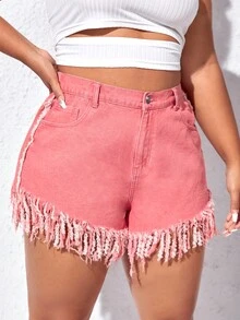 SHEIN EZwear 大碼高腰流蘇邊牛仔短褲 - 粉色 - 查看 3
