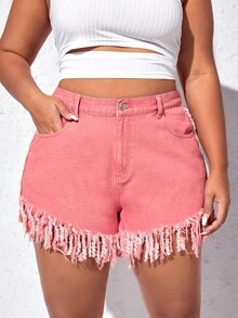 SHEIN EZwear 大碼高腰流蘇邊牛仔短褲 - 粉色 - 查看 5
