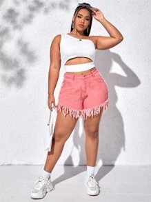 SHEIN EZwear 大碼高腰流蘇邊牛仔短褲 - 粉色 - 查看 6