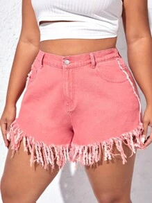 SHEIN EZwear 大碼高腰流蘇邊牛仔短褲 - 粉色 - 查看 1
