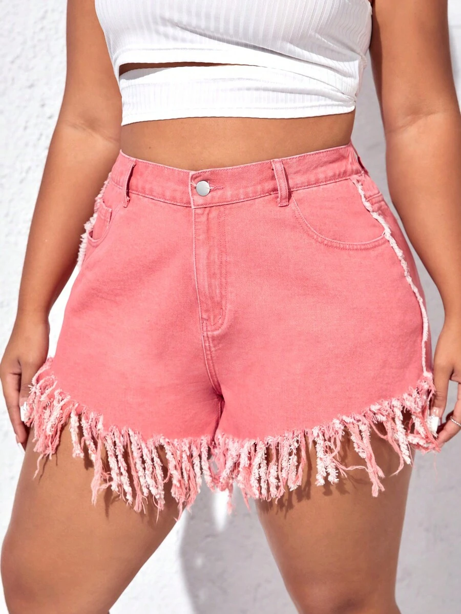 SHEIN EZwear 大碼高腰流蘇邊牛仔短褲 - 粉色 - 查看 1