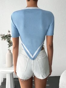 EURMUSE Summer Casual Contrast Color Trim Asymmetric Hem T-Shirt