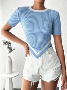 EURMUSE Summer Casual Contrast Color Trim Asymmetric Hem T-Shirt