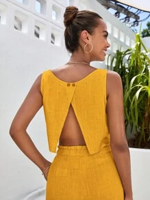 SHEIN VCAY 素色後背開衩上衣&闊腿褲 - 黃色 - 查看 2