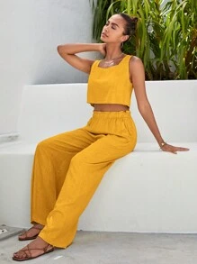 SHEIN VCAY 素色後背開衩上衣&闊腿褲 - 黃色 - 查看 3